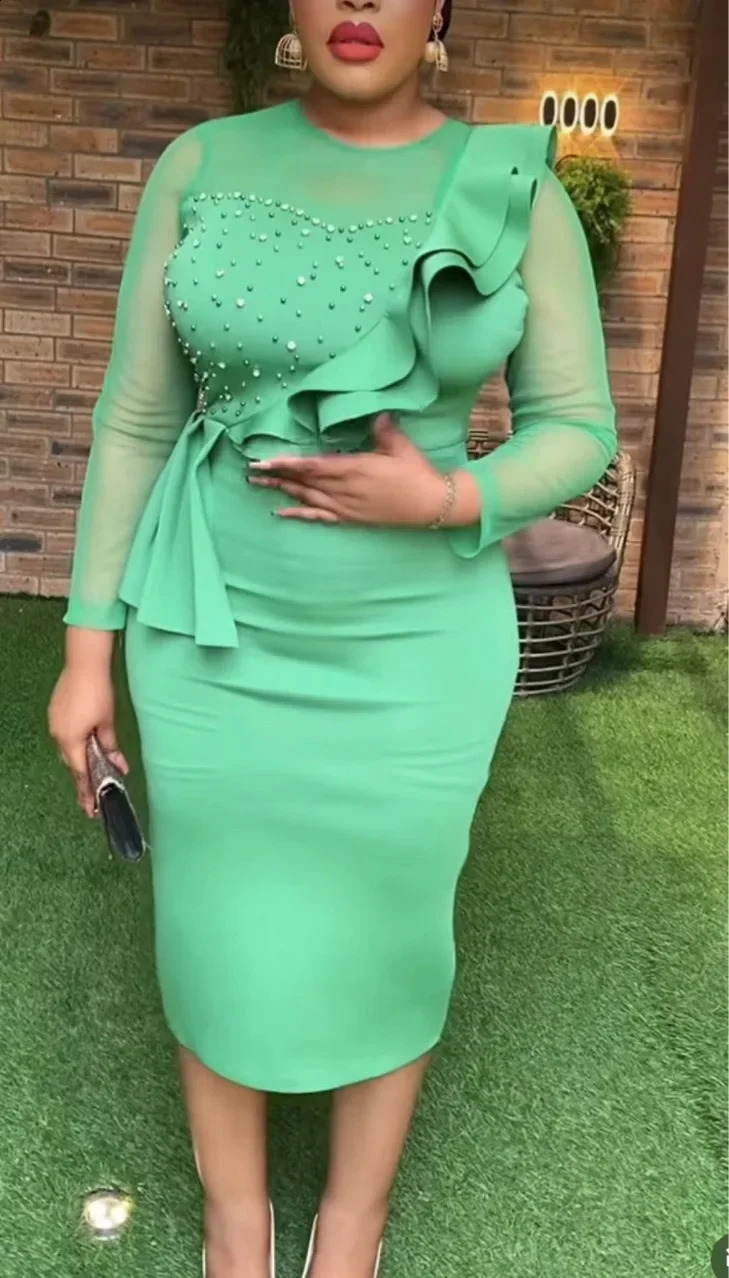 African Wedding Party Dress Spring African Womens Long Sleeve O-Neck Polyester Knee Length Dress Osaka African Womens Dress 240921