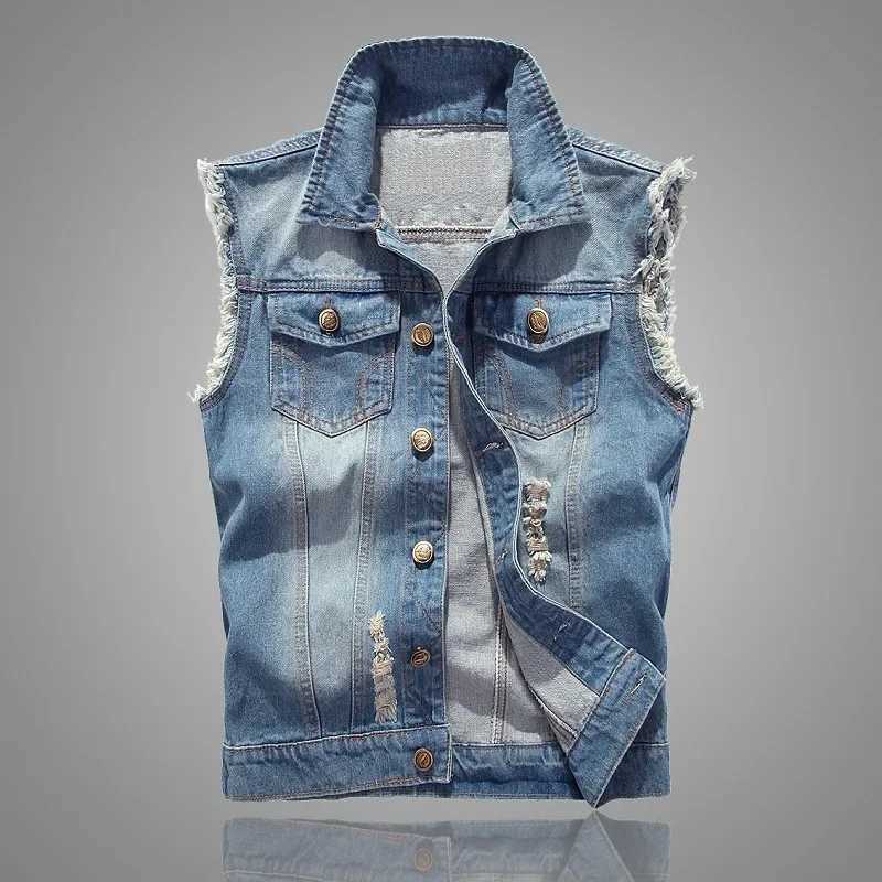 Mens denim vest mens jacket sleeveless casual vest mens spring denim jacket open top slim fit mens jacket denim Gilet Homme W240923