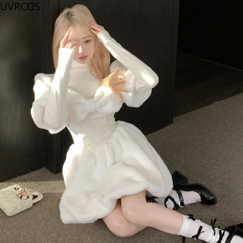Winter Sweet Half High Collar Lolita Dress Women Elegant Plush Patchwork Bow Party Mini Dresses Korean Style Casual Slim Dresses 240913