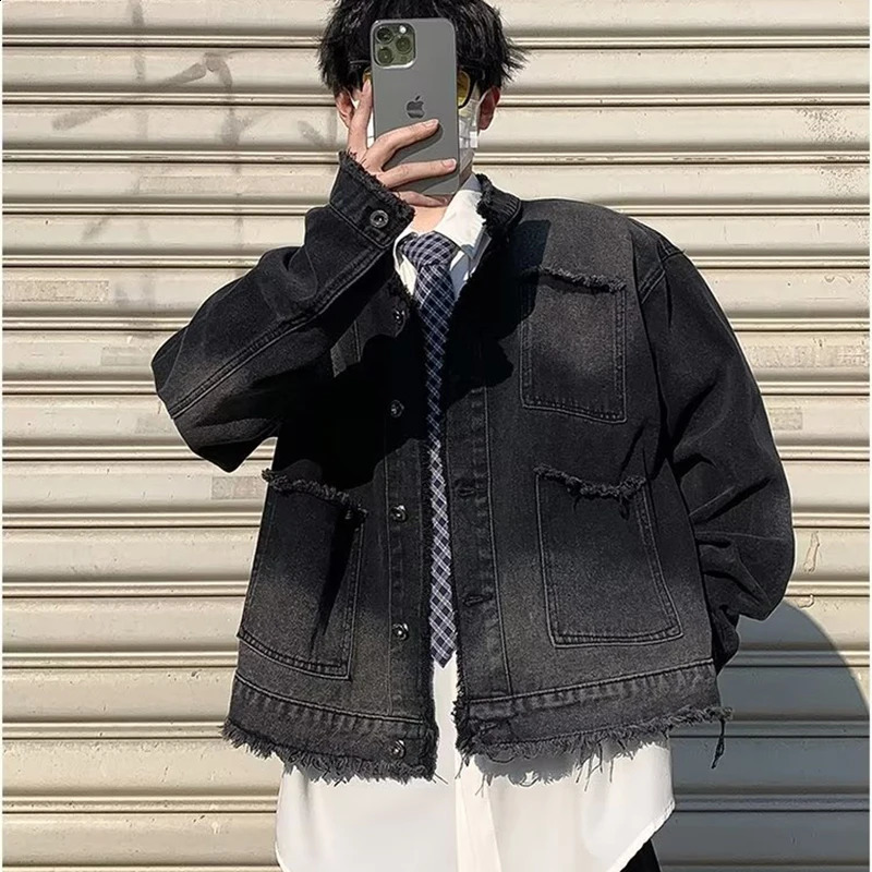 Mens stand up collar denim jacket single chest casual windproof bomber street retro burr autumn fashion 240921