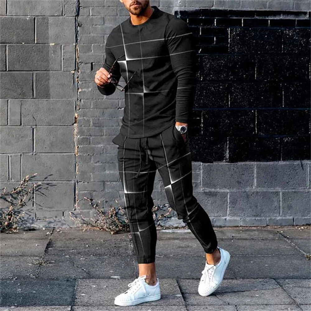 Long Sleeved Suit Mens Plaid 3D Printed Fashion Retro Jogging Sweatshirt Set Spring Fall Crew Neck Sweatshirt And Pants M-3XL 240918