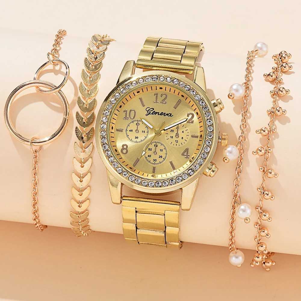 Silver Watch Set Women Fashion 5PCS Round 3 Eyes Quartz Alloy Strap Wristwatch Gift Rhinestone Watch For Women Jewelry SetX2409