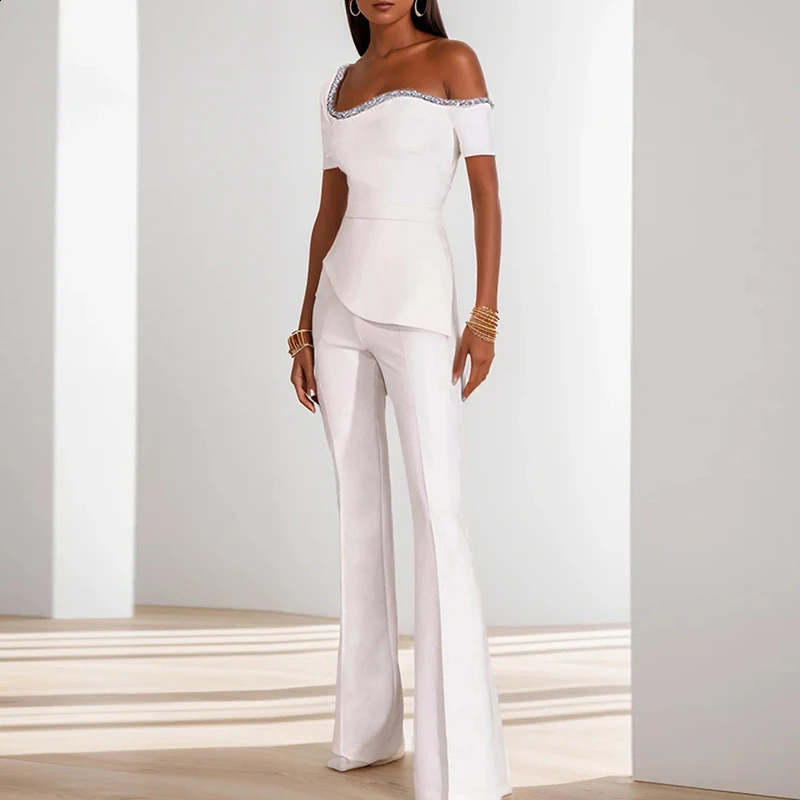 Heat resistant solid combination womens fashionable irregular long shoulder jumpsuit high street short sleeved flash pants onepiece 240918