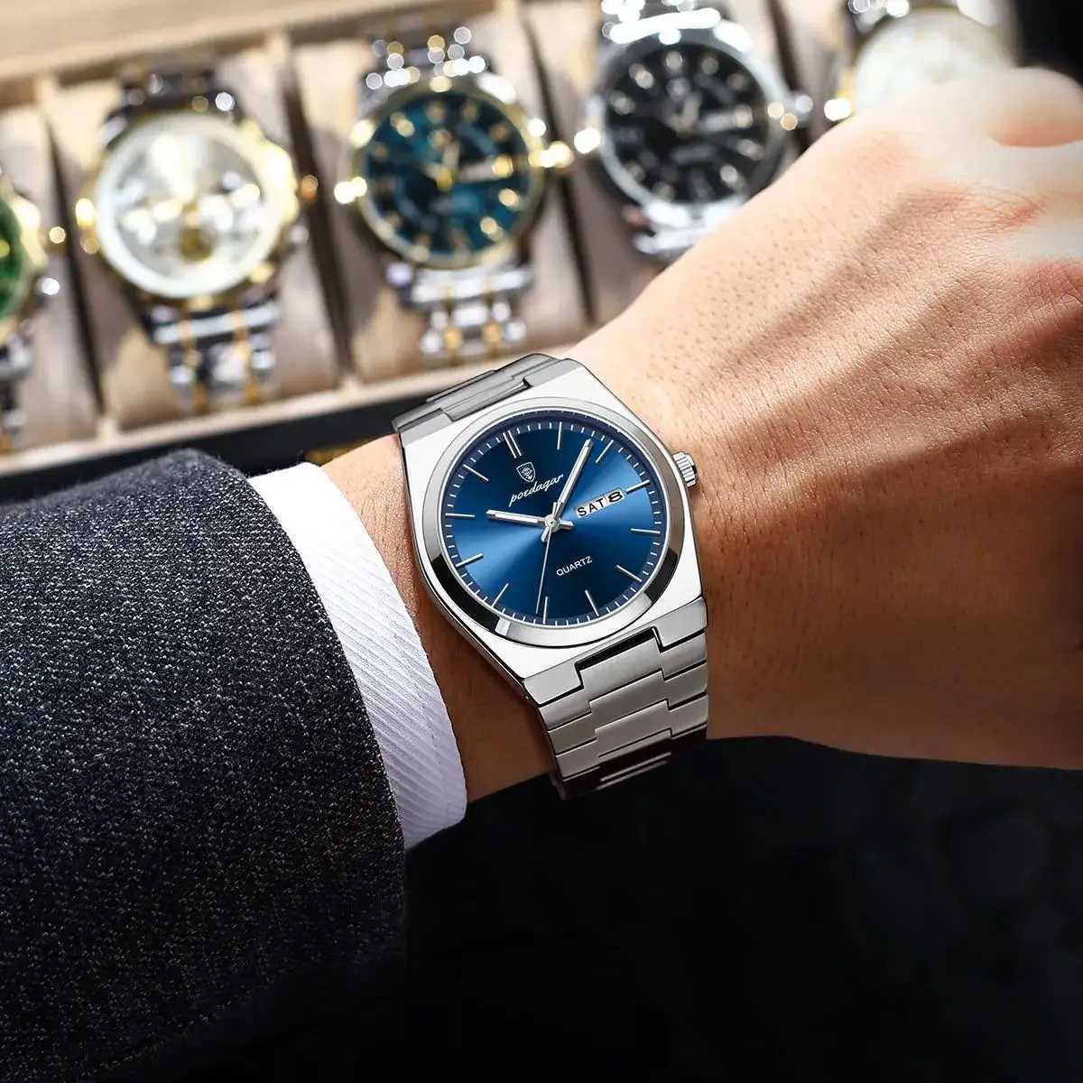 POEDAGAR Luxury Watch For Men Waterproof Luminous Date Week Stainless Steel Men Watch Casual Quartz Mens Watches Male Clock+box W250724