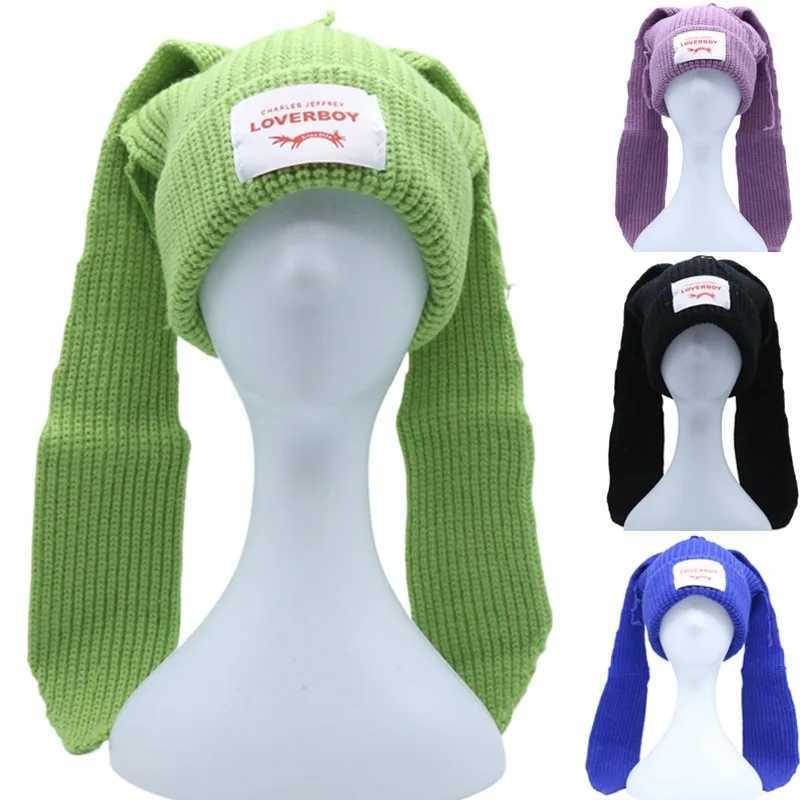 Beanie/Skull Caps Winter Beanies oy Long Ear Fox Knitted Hat Solid Warm Crochet Personality Skullies Hooded Hip Hop Cool Christmas Gift Cs J240923