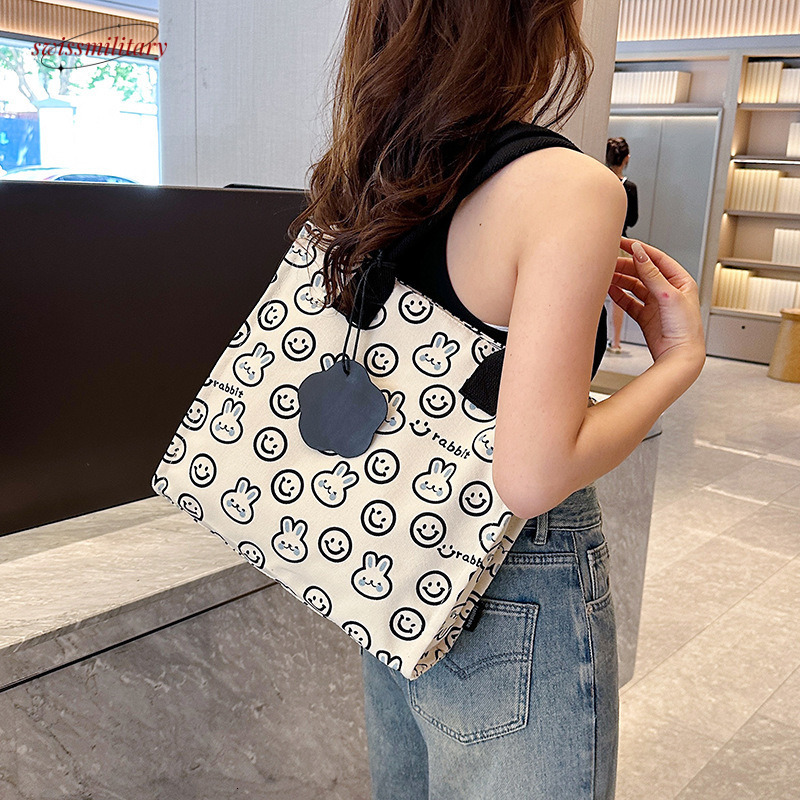 Large capacity canvas shoulder with bunny print tote for female office workers, cute student bag #28 Swissmilitary