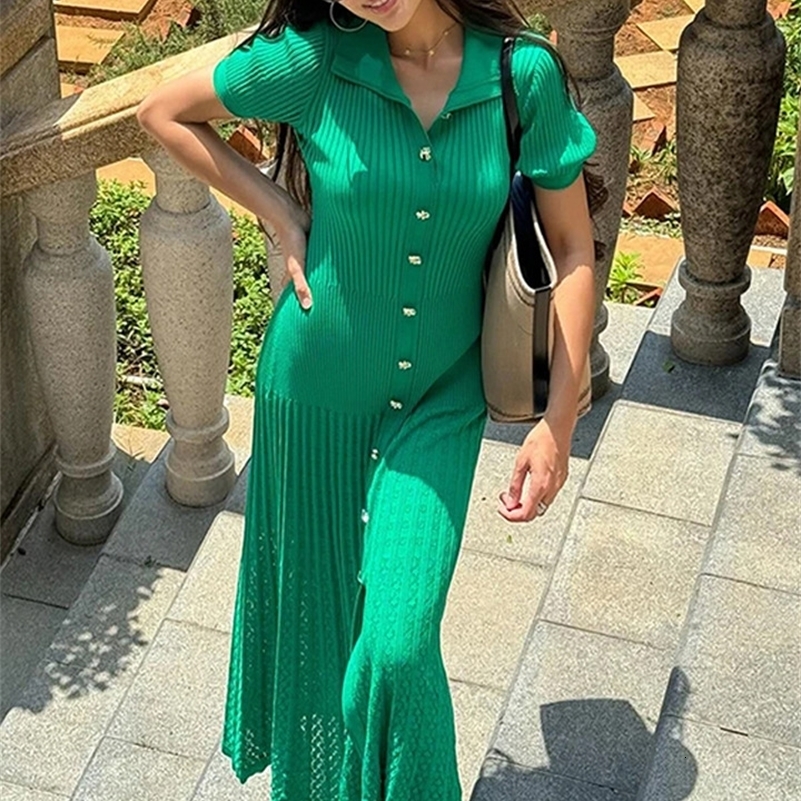 Patchwork Knitted Maxi Dress For Women Short Sleeve Hollow Out Ribbed Long Party Dresses Elegant O-Neck High Waist Lady Knitwear 240918