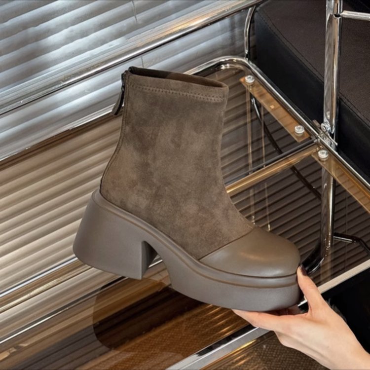 High Chunky Heel Boots for Women Versatile Winter Fashion | Round Toe Khaki aa9f