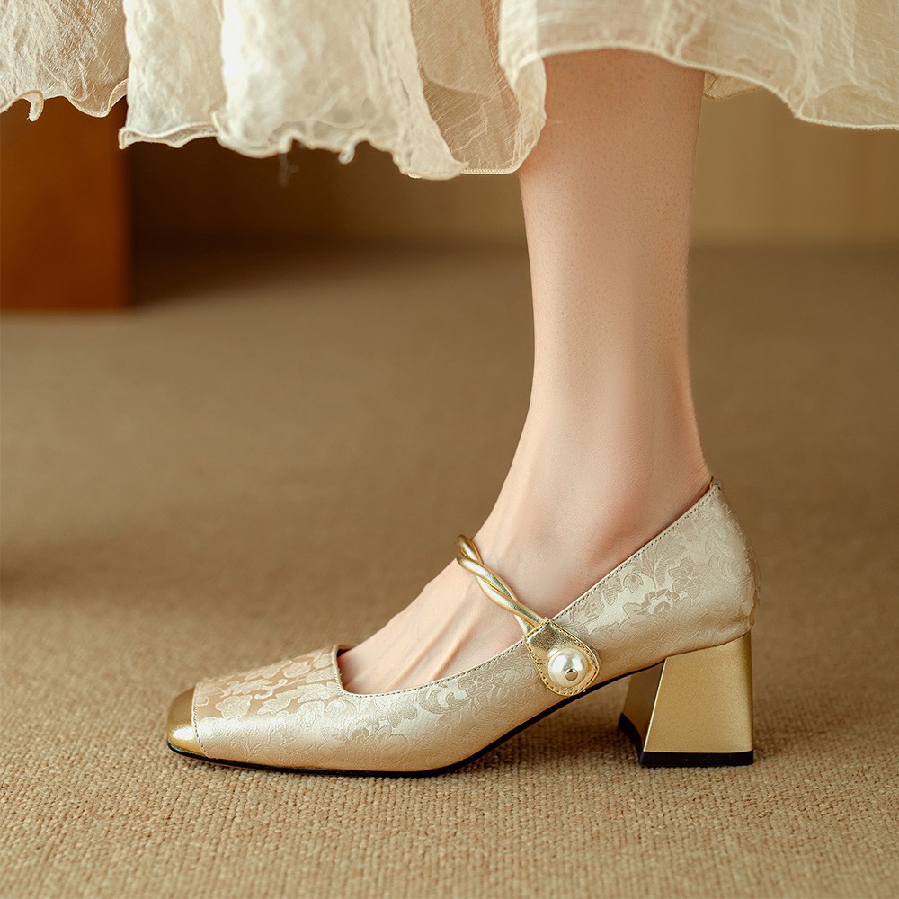 Women Shoes High Heel Fashion Clunky Heel Increase Height Chinese Style Versatile Trendy Pearl Design Triple Black Apricot Green Free shipping