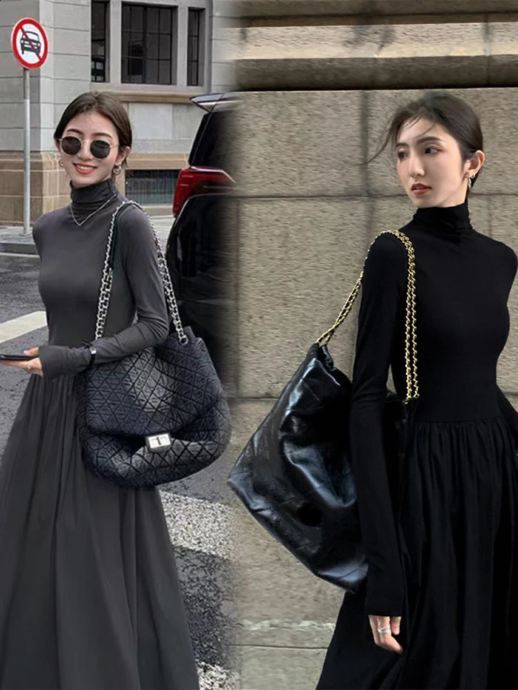 Autumn Winter Dress Women Elegant Long Sleeve Dresses Female Korean Fashion High Collar Long Dress Lady Vintage Chic Solid Robe 240913