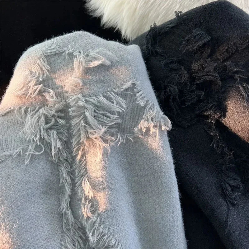 Autumnand y2k Streetwear Men Retro Hole Fringed Sweater Loose Versatile Sweater For Men And Women Long Sleeve Sweater 240923
