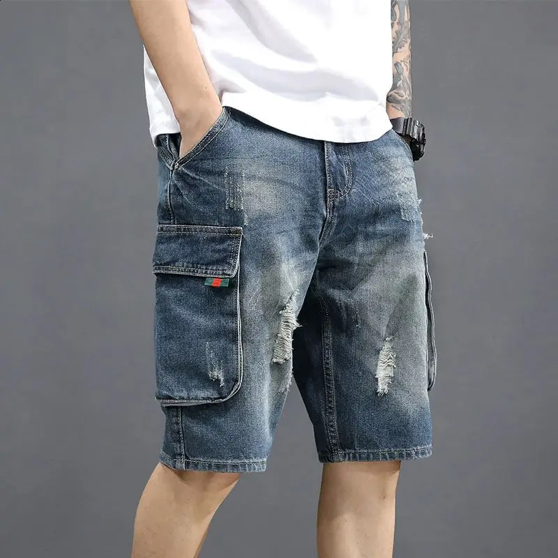 Mens denim shorts blue long tear Bermuda half mens shorts trend Korean fashion Xl retro Jorts Y2k 240923