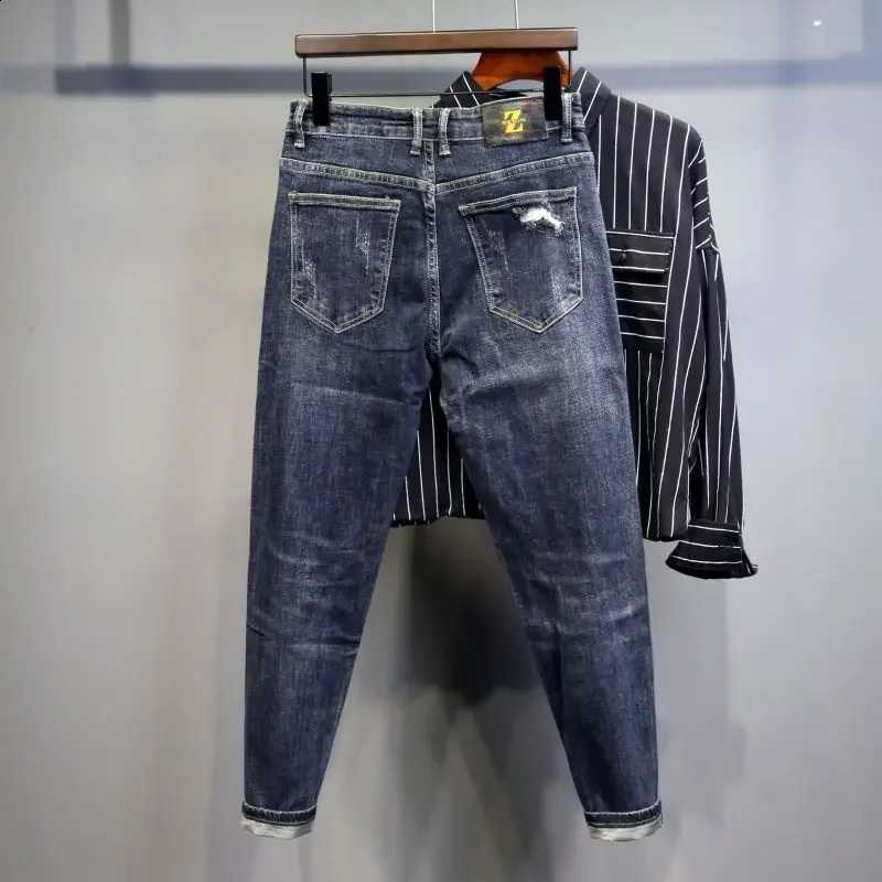 Tear and tear mens printed jeans broken graphic holes casual softness of Trouser K-pop style regular gothic bag mens jeans 240921