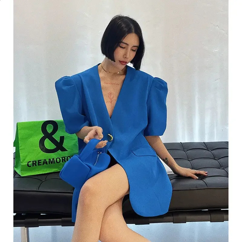 V-neck Bubble Short Sleeve Blazer Women Y2k Top Korean Fashion Jacket Casual Loose Coats White Black Blazer 240918