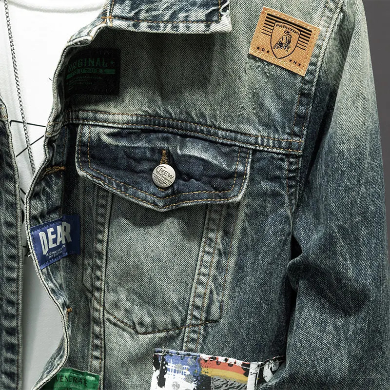 Paste fabric embroidery motorcycle denim jacket mens street retro loose fashion clothing 240921