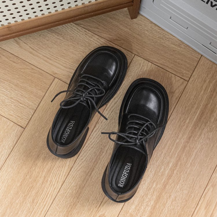 Women Casual Leather Shoes Chunky Heel Soft Sole Lace-up Vintage European Style Triple Black Beige Free shipping