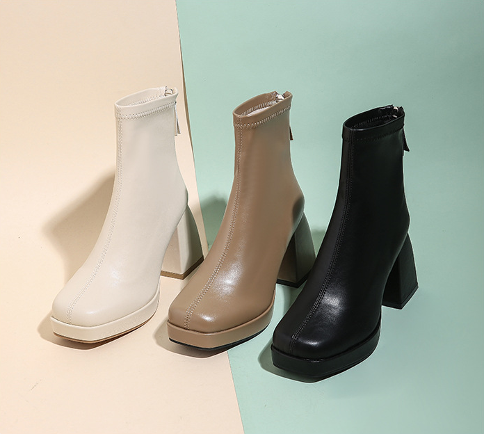 Women Boots Square Toe Fashion Simple Design High Heel Chunky Heel Triple Black Beige Free shipping
