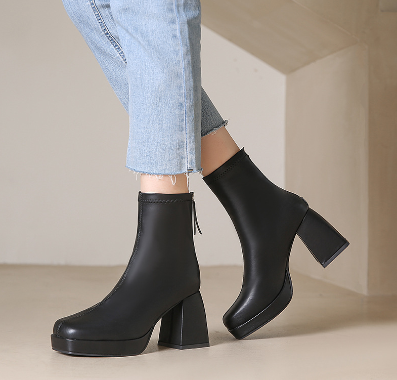 Women Boots Square Toe Fashion Simple Design High Heel Chunky Heel Triple Black Beige Free shipping