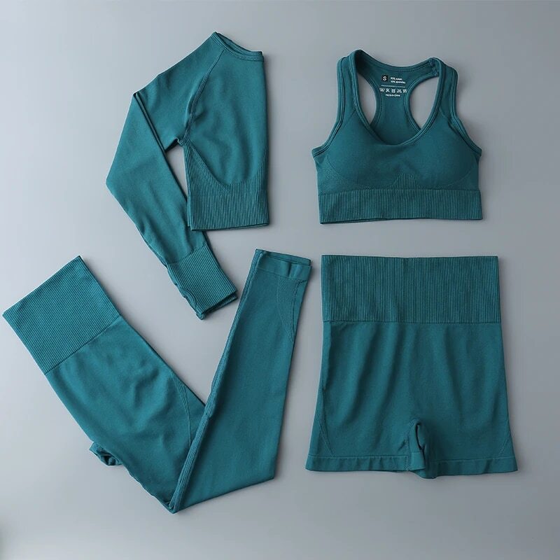 Seamless Women's Yoga 2-Piece Work Sweatshirt Gym Outfit Fierss Long Sleeved High Waisted Leggings/Bra And Shorts Set