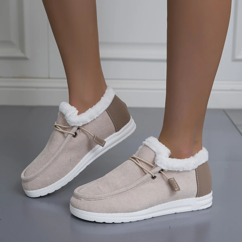 2024 New Womens Winter Ankle Slip on Suede Snow Boots Plush Natural Fur Warm Cotton Outdoor Casual Ladies Flat Shoes