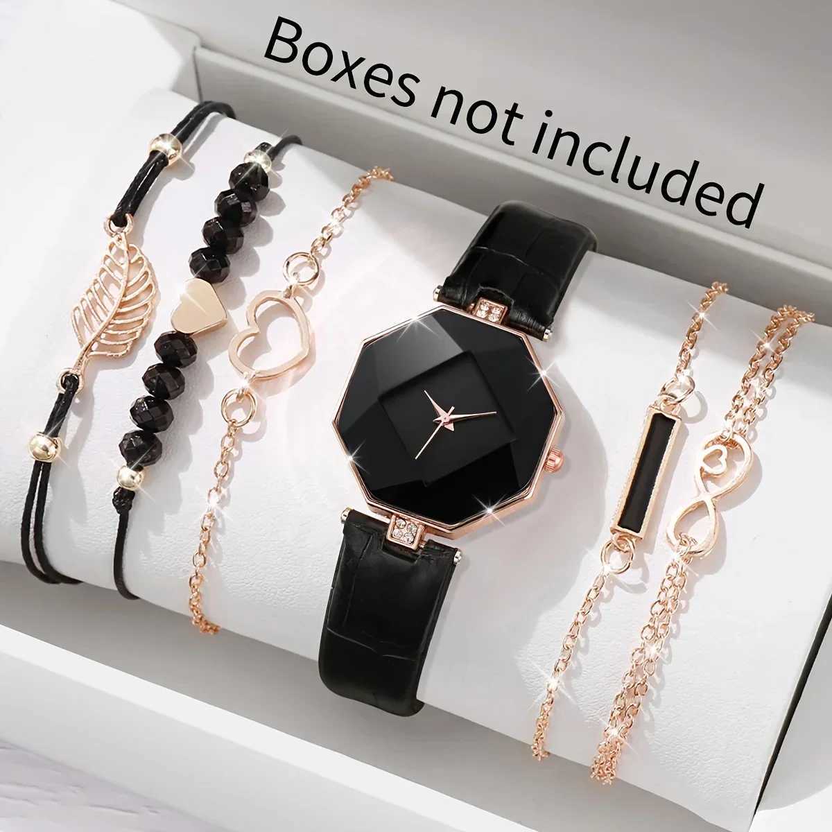 6pcs/set Womens Watch Casual Polygon Pointer Quartz Watch Analog PU Leather Wrist Watch Bracelets Gift For Mom HerX240923