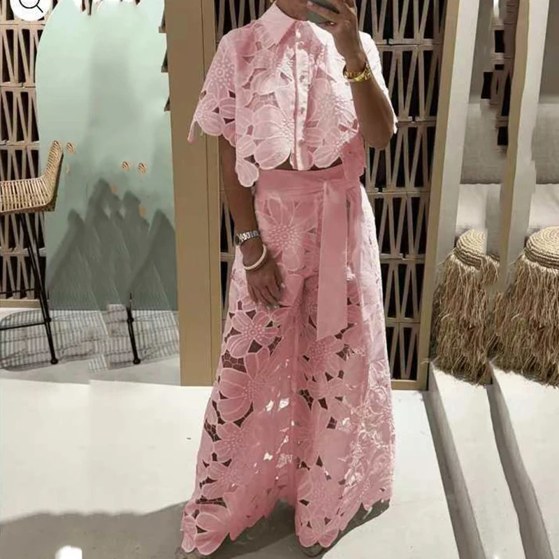 Womens Lapel Short Sleeved Top Lace Up Long Pants 2pc Set Casual Loose Solid Party Suit Summer Fashion Lace Straight Outfits 240921