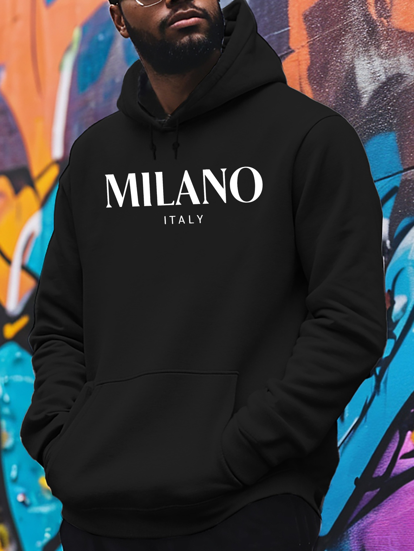 MILANO Italy Letter Print Hoodie - 100% Polyester Knit Fabric with Slight Stretch, Long Sleeve Hooded Sweatshirt, Regular Fit Casual Fleece Pullover f