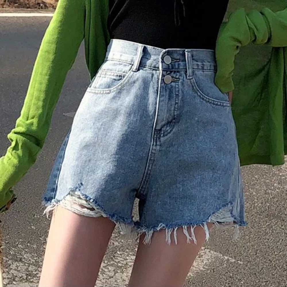 Feynzz Fashion New Summer Women High Waist Button Wigh Leg Jeans Shorts Casual Female Loose Fit Blue Denim ShortsX2409
