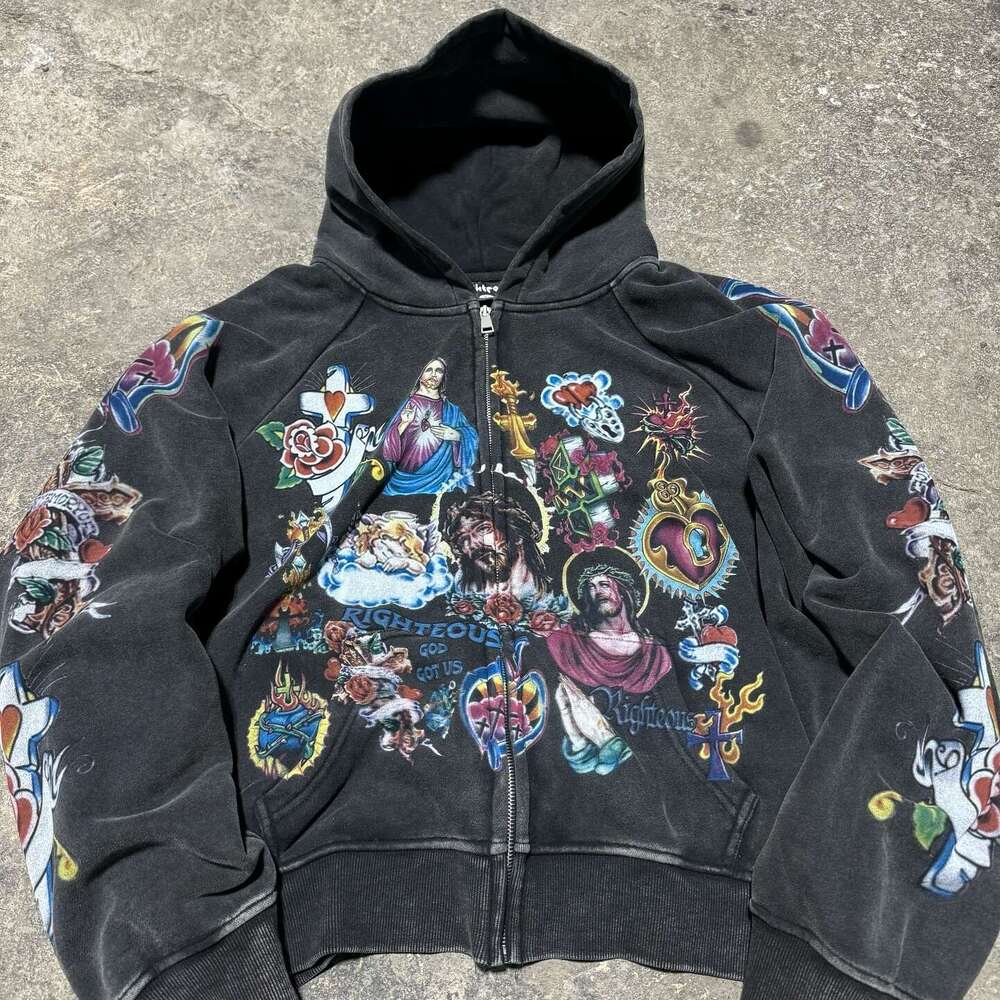 High Quality Y2k Retro Black Risen King Cropped Zip Up Hoodie Gothic Graphic Washed Hoodies for Men Women Sweatshirt Streetwear