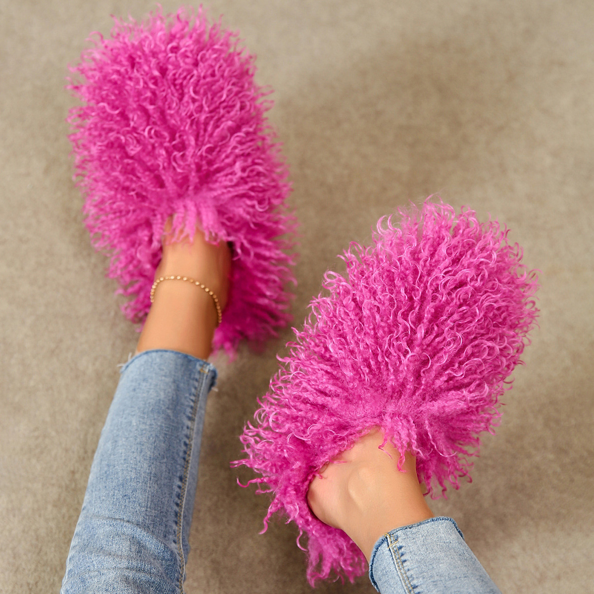Cozy 2024 Winter Fur Slippers for Women: Warm Faux Shearg Tan Sheepskin Baotou Home Shoes 4f88