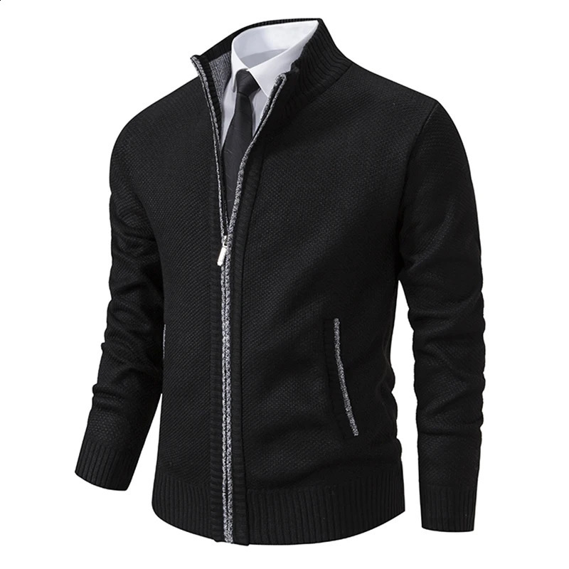 Autumn And Winter Mens Casual Sports Coat Solid Color Stand Collar Wweater Grab Fleece Warm Zipper Cardigan 240923