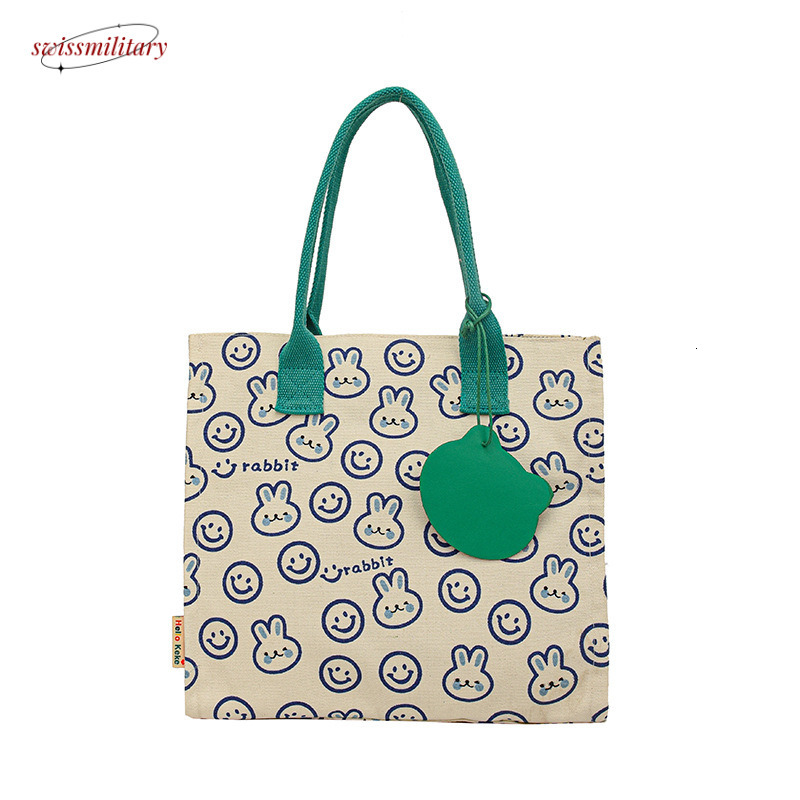 Large capacity canvas shoulder with bunny print tote for female office workers, cute student bag #28 Swissmilitary
