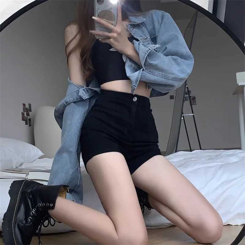 New Summer Women High Waist Button Wigh Leg Jeans Shorts Casual Female Loose Blue Denim Shorts Black WhiteX2409