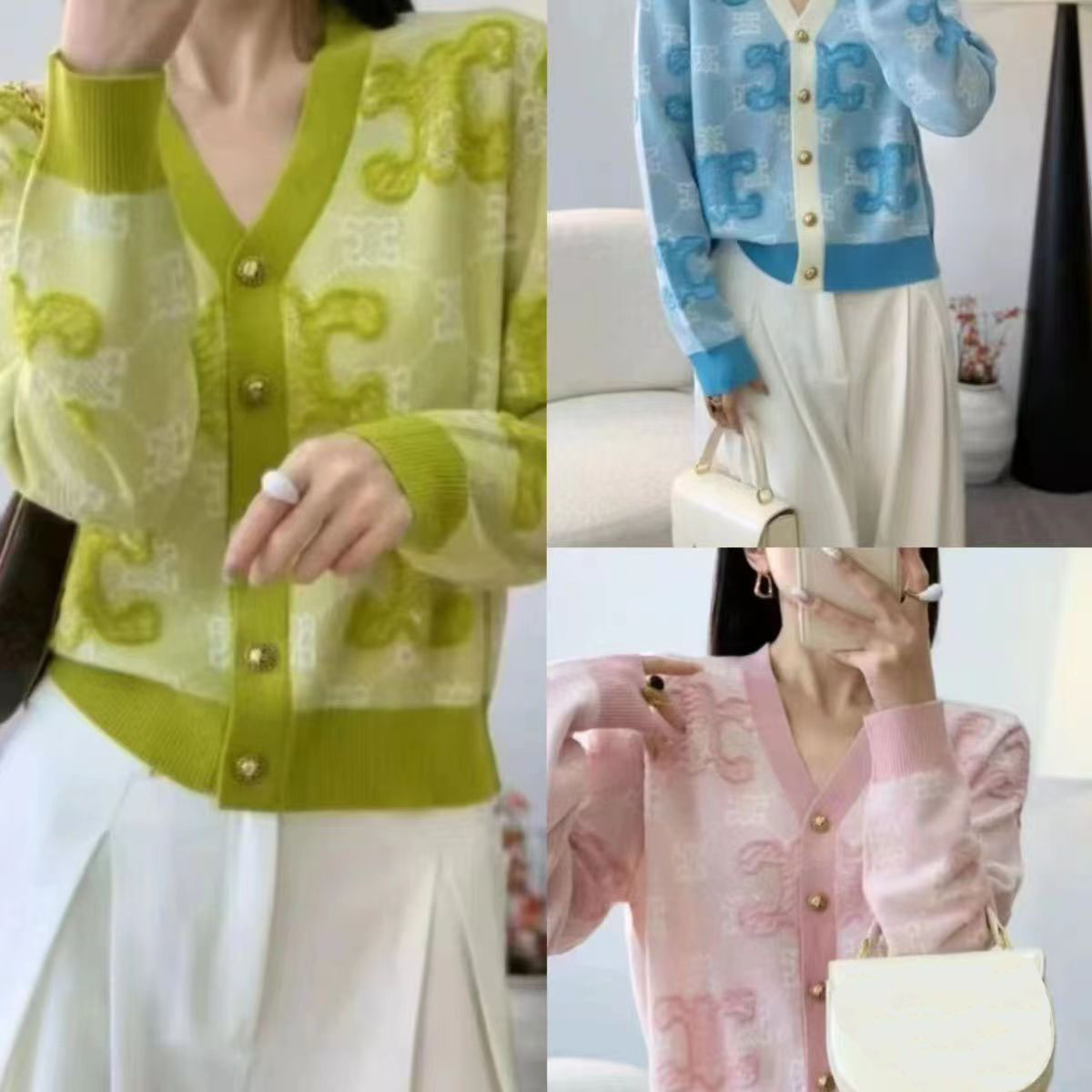 European goods heavy jacquard 2024 autumn new V-neck blue gold silk sweater cardigan women's loose sweater coat