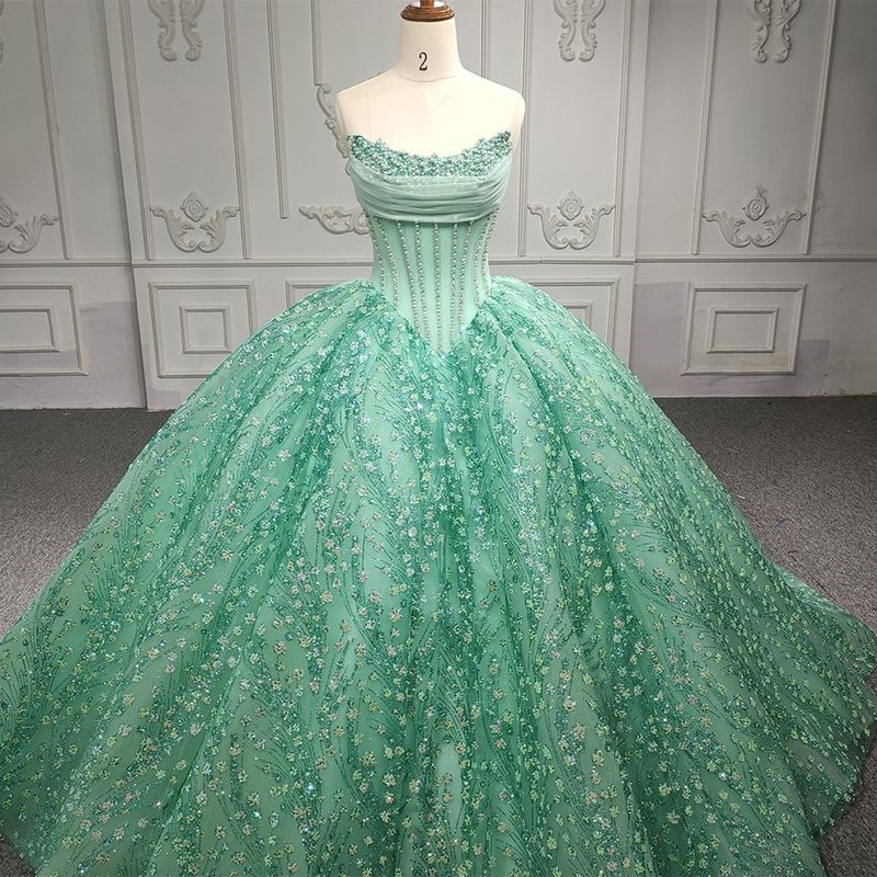 Mint Green Shiny Quinceanera Dresses Off The Shoulder Beading Crystal Tull Sweet 16 Dress Birthday Party Gown Corset Vestidos De 15 Anos