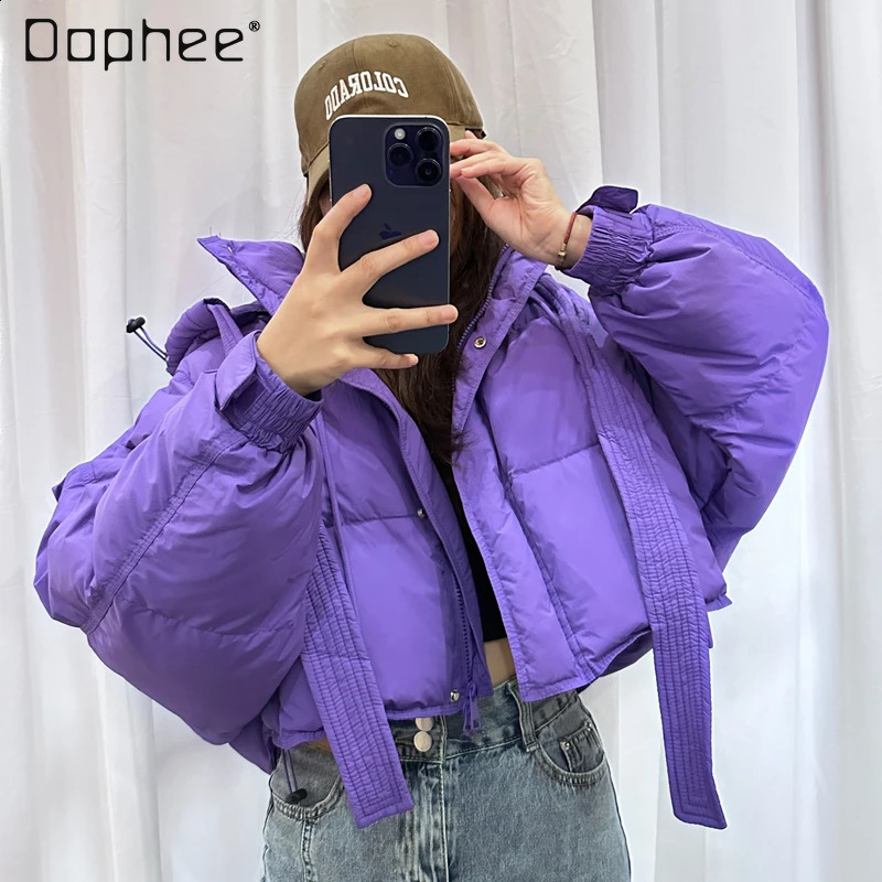 Loose Hoodie Purple Short Sleeve Womens Jacket Winter Casual Bat White Duck Down Thick Puff Coat 240921