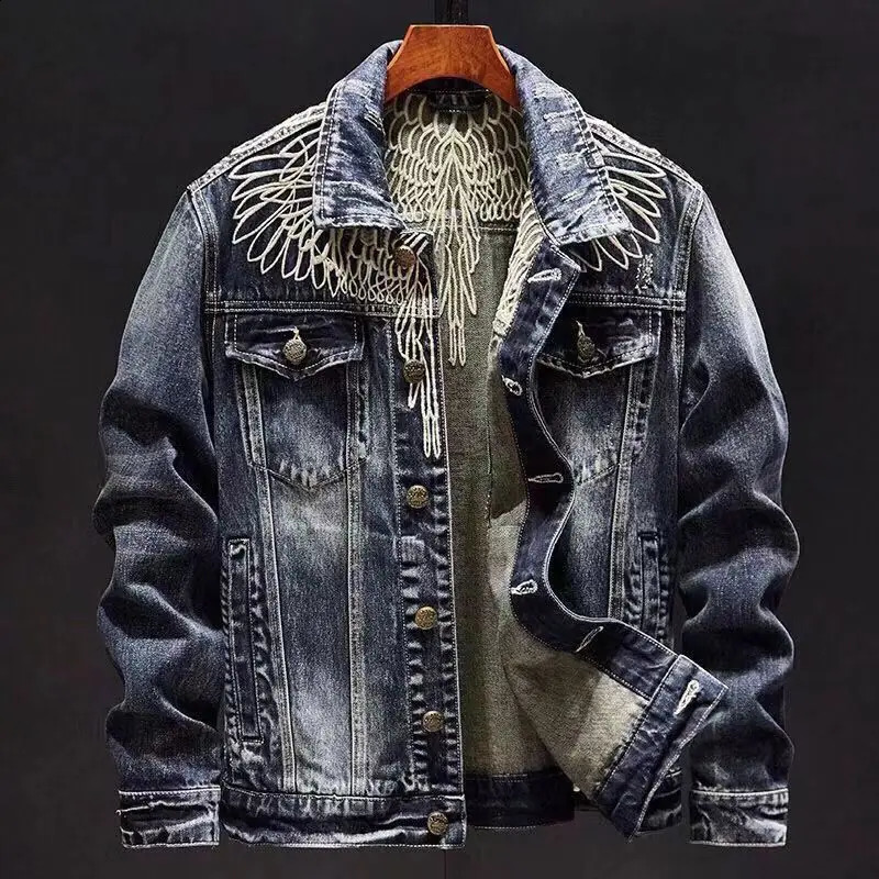 Lightweight y mens classic denim jacket embroidered blue with wings hard washed street fashionable and sexy jacket; 240921