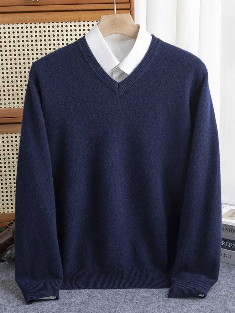 Mens 100% Merino Wool Sweater V-neck Zipper Autumn Winter Cashmere Warm Solid Knitted Fabric X2411261