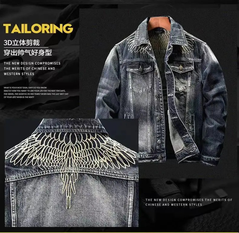 Lightweight y mens classic denim jacket embroidered blue with wings hard washed street fashionable and sexy jacket; 240921