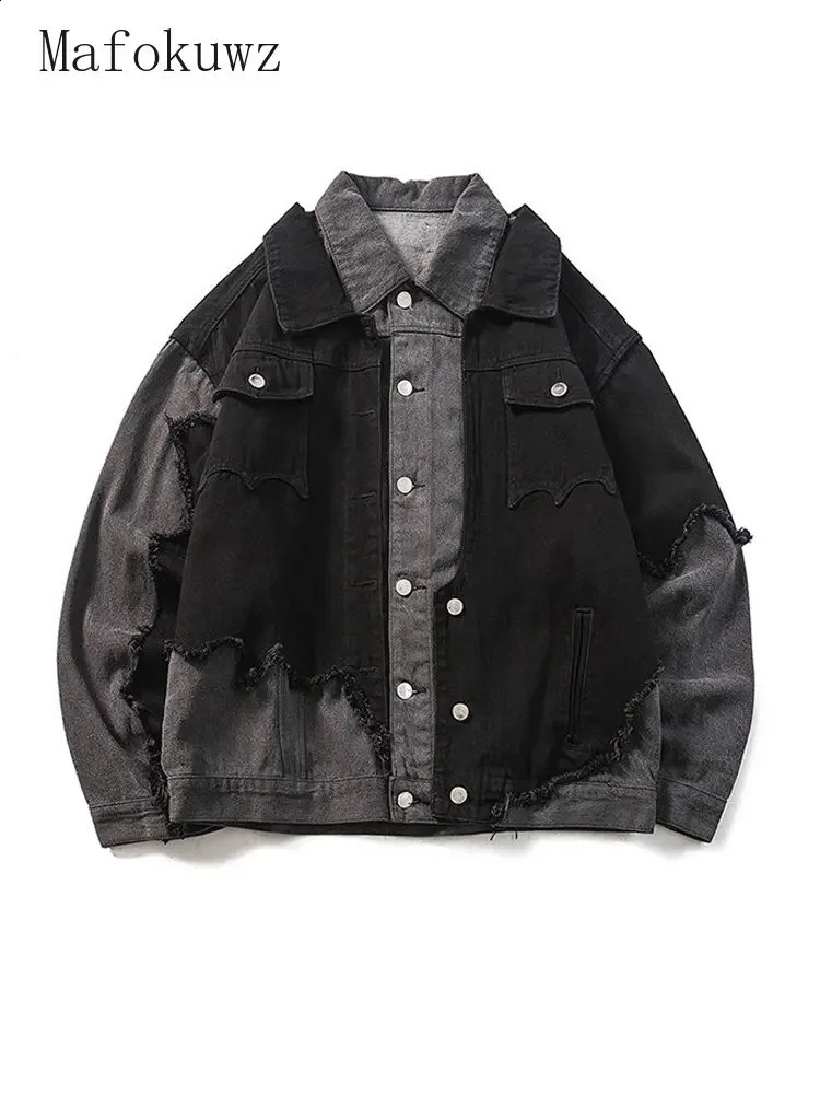Mafokuwz street denim jacket unisex cool Vandalism patch work mens oversized workwear punk niche American 240921