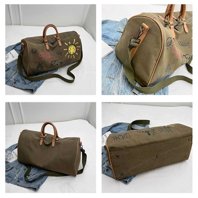 CMM Duffle Bags Cartoon Print Canvas Travel Bag for Women Weekend Outdoor Party Large Sport Gym Shoulder Dry Wet Separation 240923