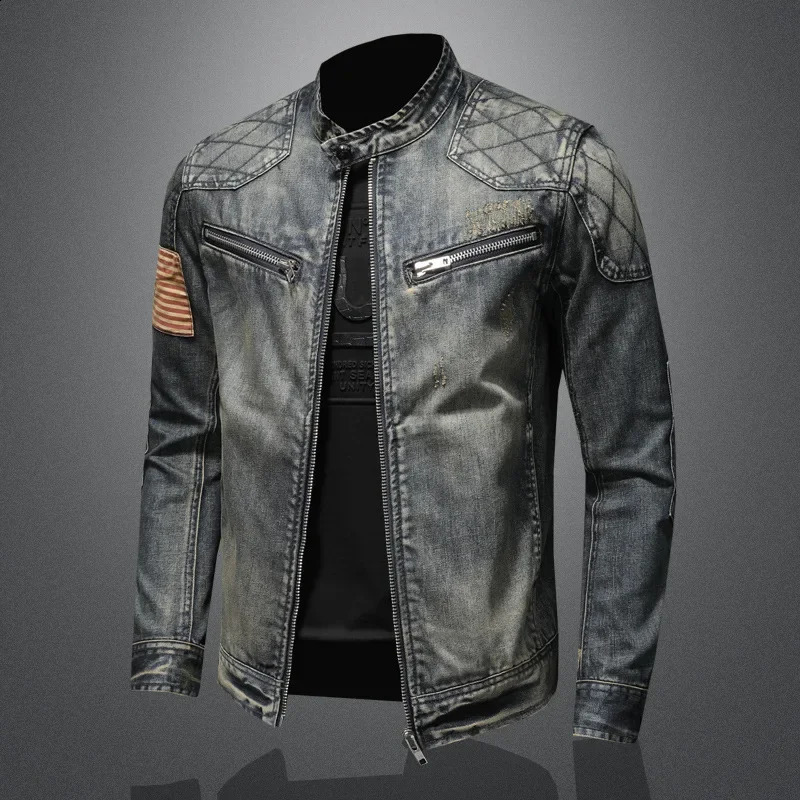 Retro fashion fully matched denim jacket trend casual mens personalized stand up collar zipper top 240921