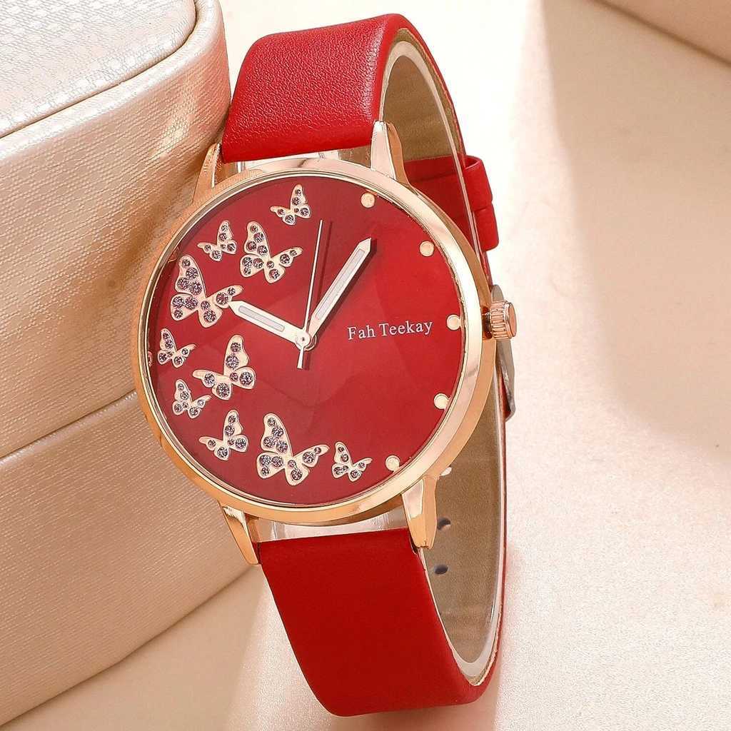2pcs/set fashion Butterfly pattern rhinestone pu leather women wrist watchX240923