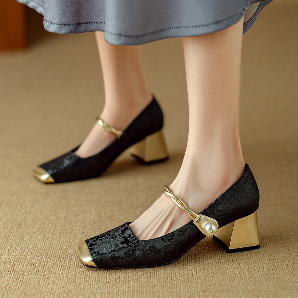 Women Shoes High Heel Fashion Clunky Heel Increase Height Chinese Style Versatile Trendy Pearl Design Triple Black Apricot Green Free shipping