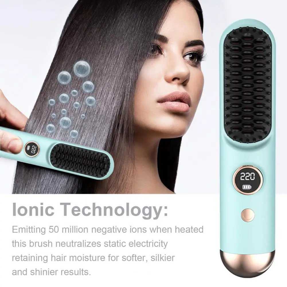 Straight hair brush LCD display screen 9 temperature adjustable fast heating charging cordless negative ion hot brush electric curling CL240923