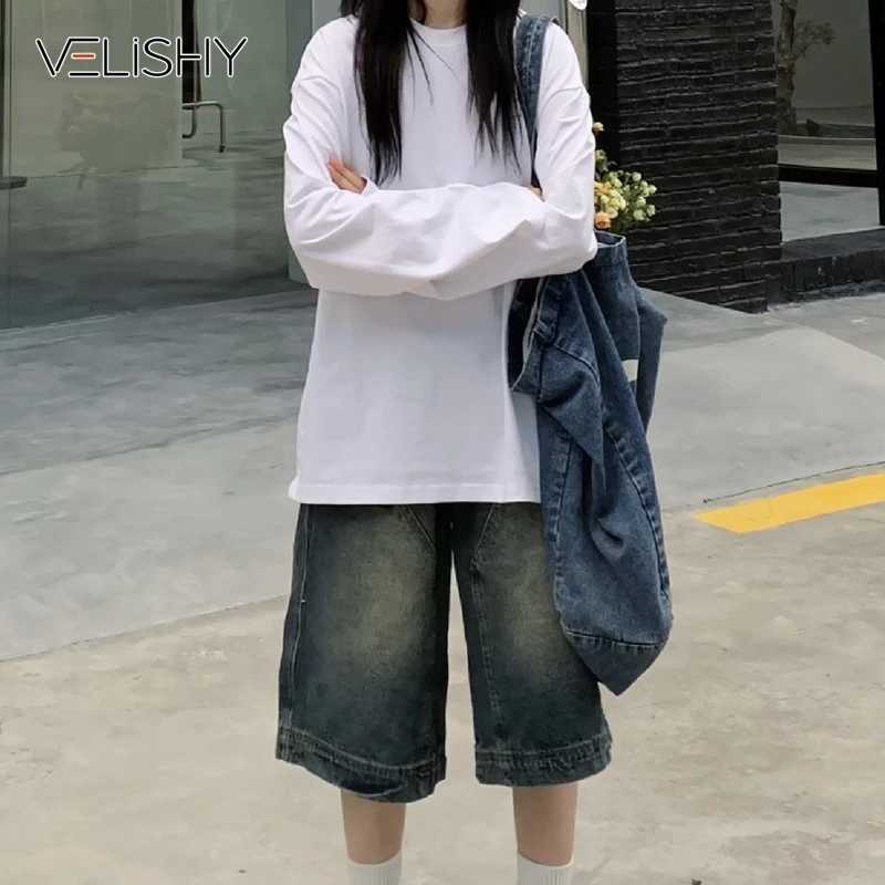 Y2K Vintage Baggy Jean Shorts Womens Washed Wide Leg Capri Pants Casual Barrel Jeans Denim Shorts Mens Oversized JortsX2409