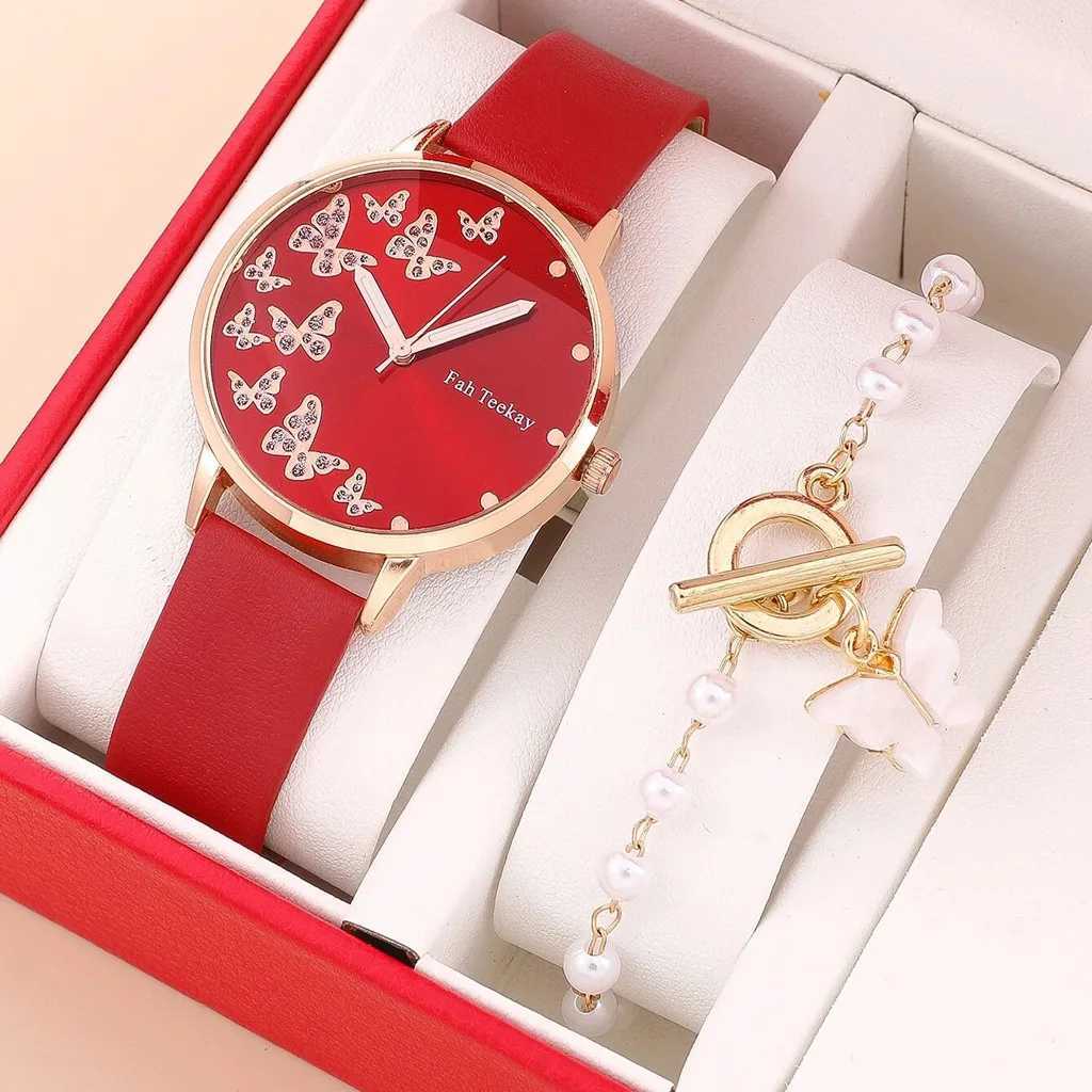 2pcs/set fashion Butterfly pattern rhinestone pu leather women wrist watchX240923