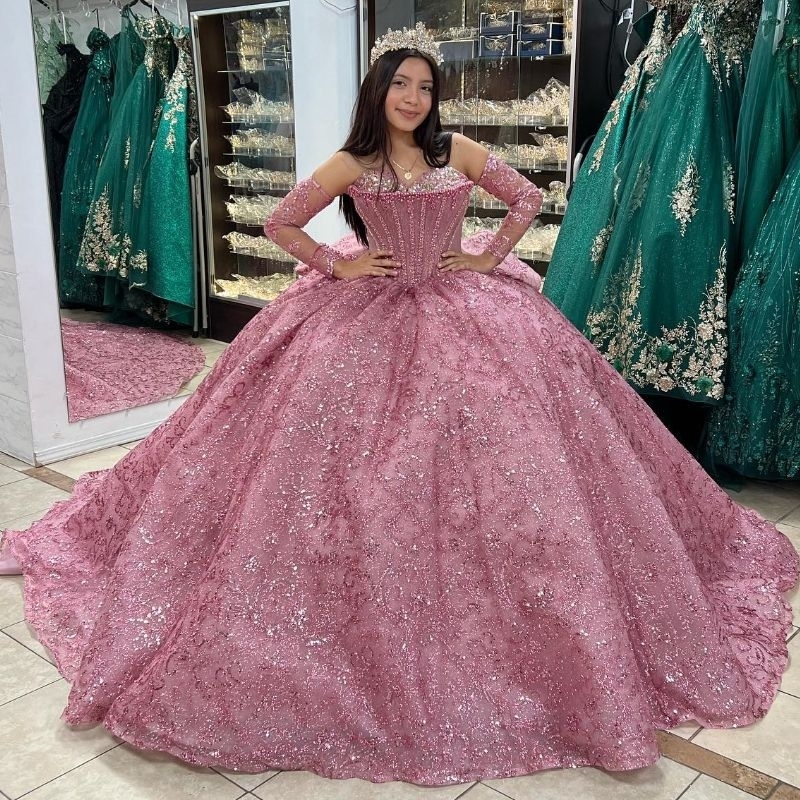 Pink Sparkly Off The Shoulder Quinceanera Dresses Ball Gown Sequin Applique Lace Crystal Beads Tull Corset Sweet 16 Dress Vestidos De 15 Anos