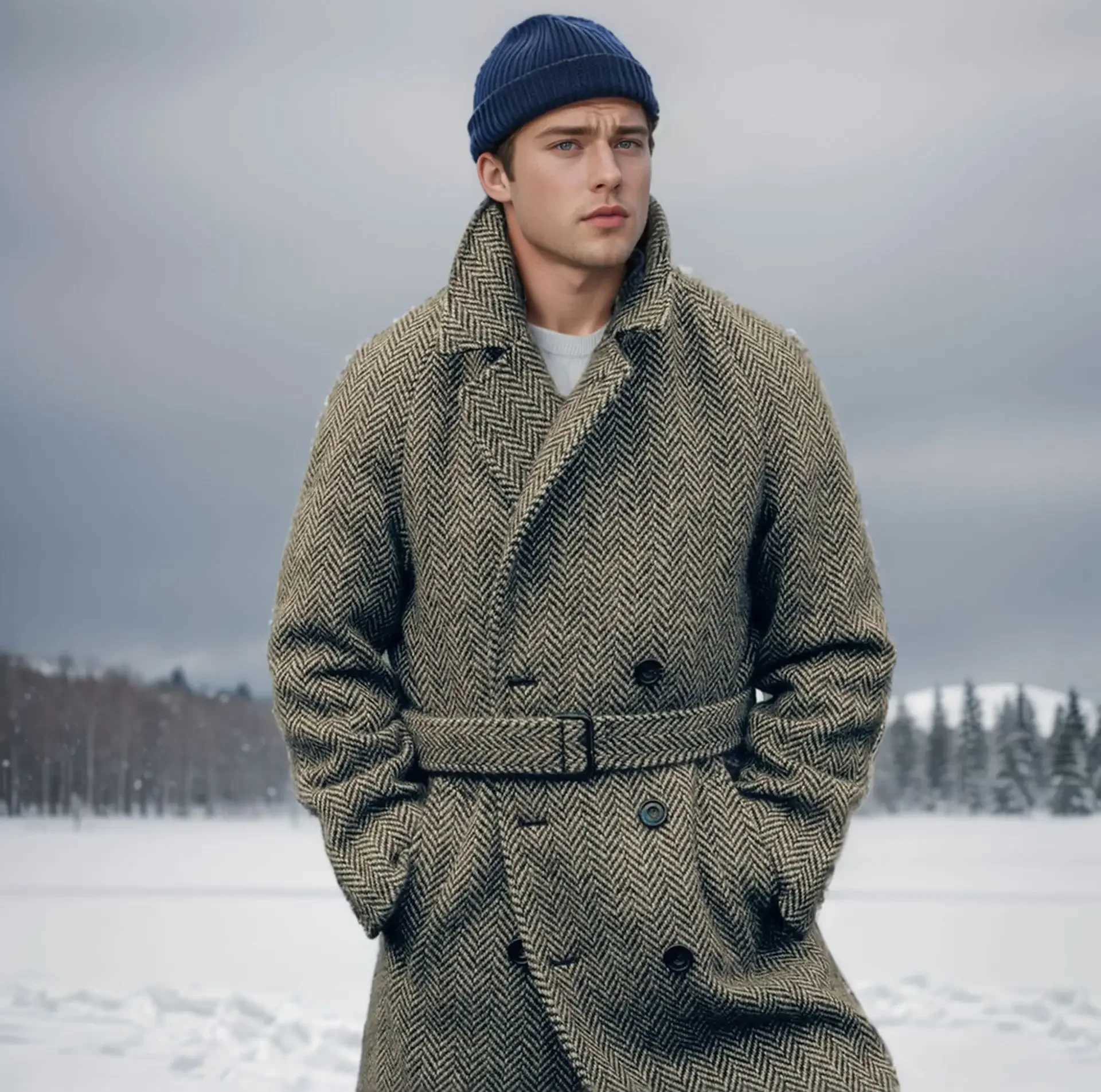 2024 European and American mens mid length wool plaid double chest casual cotton padded thick jacket suitable for autumn and winter W240921