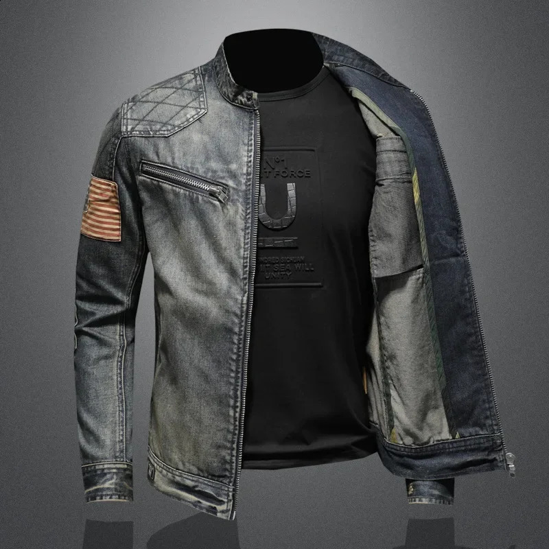 Retro fashion fully matched denim jacket trend casual mens personalized stand up collar zipper top 240921